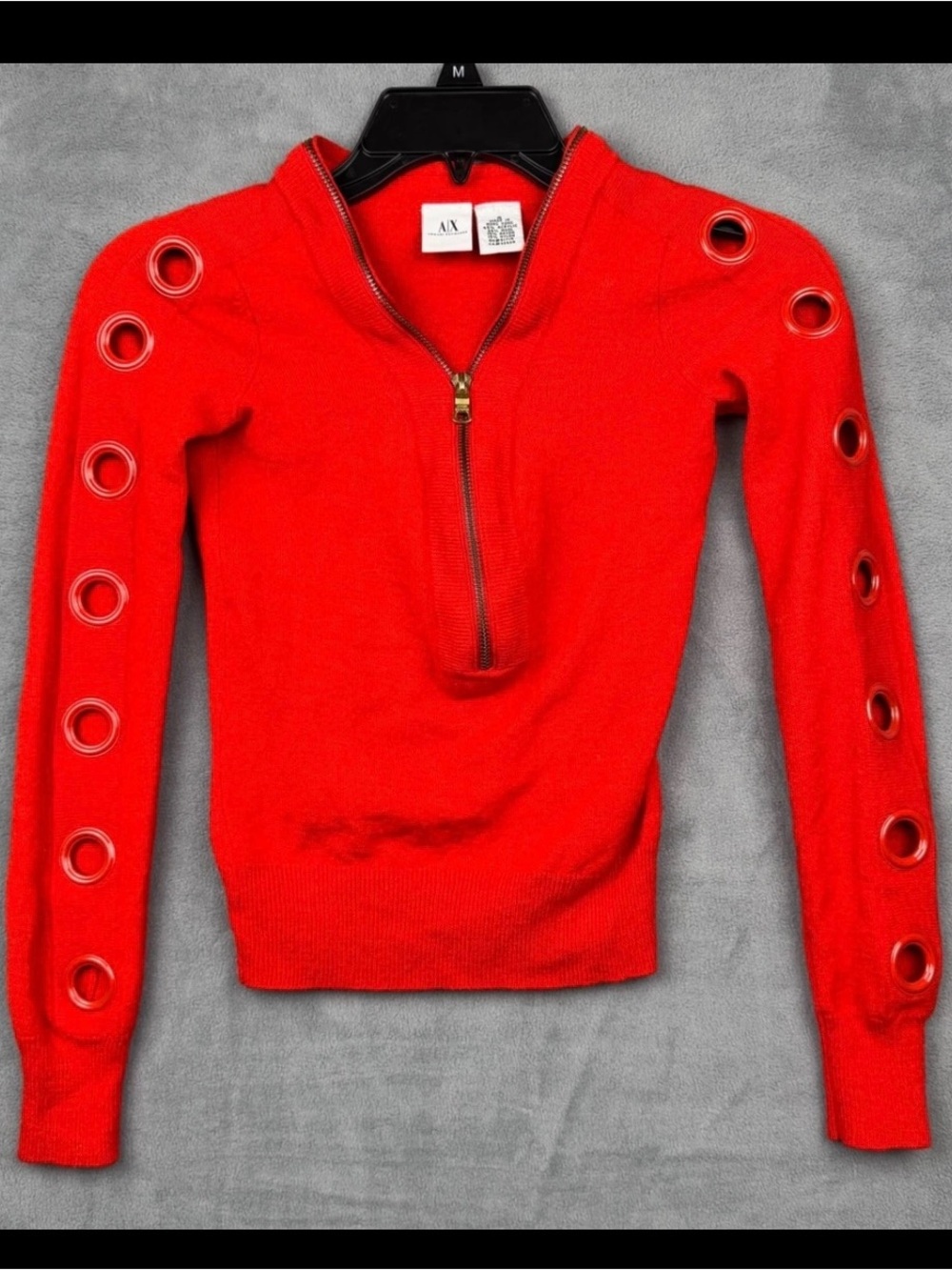 Armani Exchange Bright Red Half‑Zip Sweater with Grommet Sleeve Detail